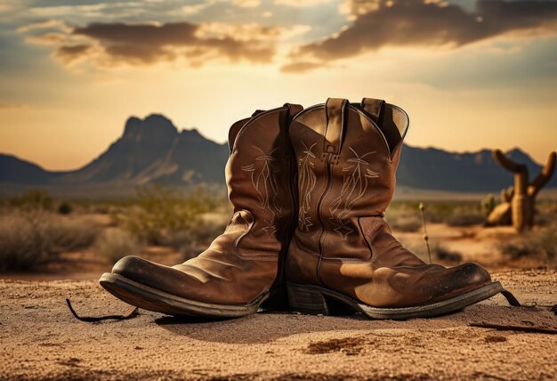 Photo paysage de paire de bottes de cowboy avec des canyons en arrière-plan ia générative