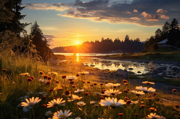 Paysage paisible de prairies de fleurs sauvages sous le soleil du soir papier peint d'arrière-plan de l'heure d'or