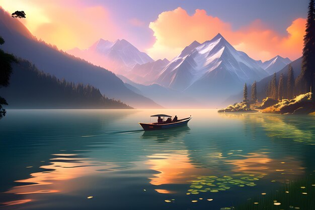 Paysage paisible près du lac matin brumeux image IA
