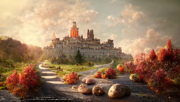 Photo paysage d'un palais de conte de fées avec des tours en pierres et des feuilles d'oranger sur les arbres