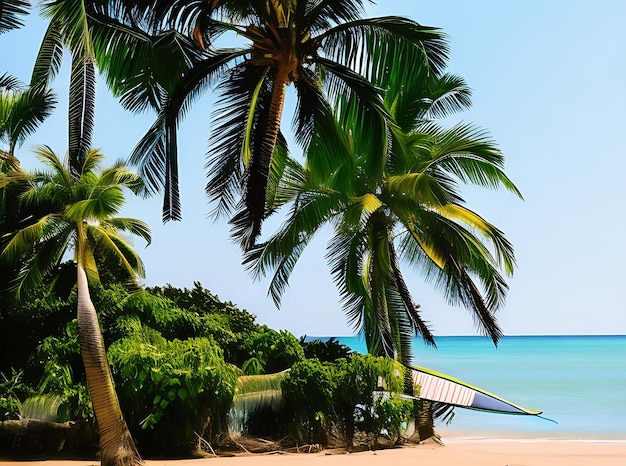 Paysage avec palmiers et fond de planche de surf sur une belle plage