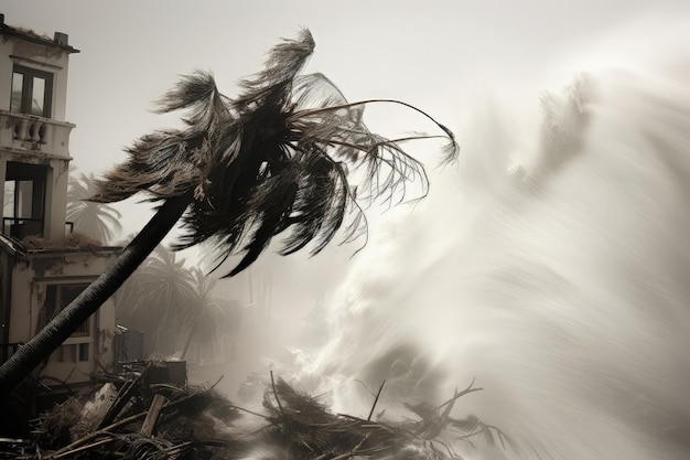 Paysage avec des palmiers pliés par un vent fort catastrophe naturelle IA générative