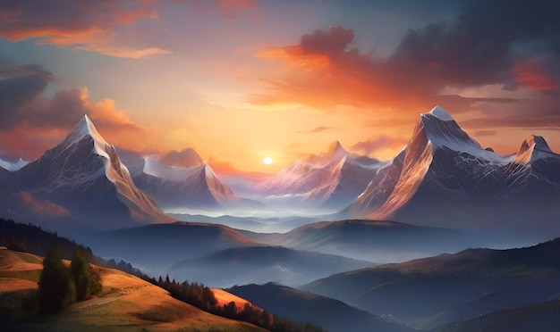Le paysage panoramique des montagnes au coucher du soleil