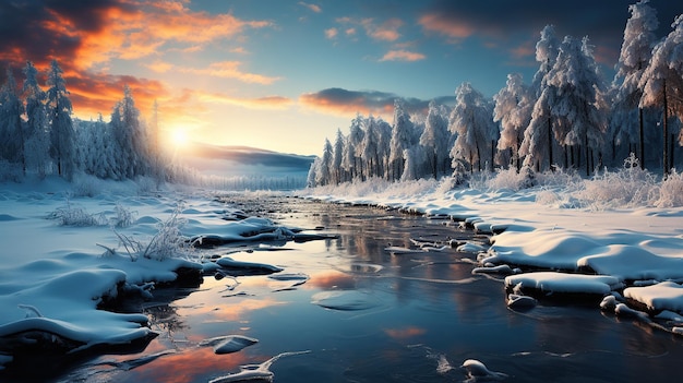 paysage panoramique avec des montagnes de forêt d'hiver et une rivière à un coucher de soleil glacial