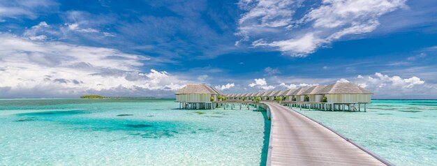 Paysage panoramique de la plage des Maldives. Panorama tropical, complexe de villas de luxe sur l'eau avec jetée en bois