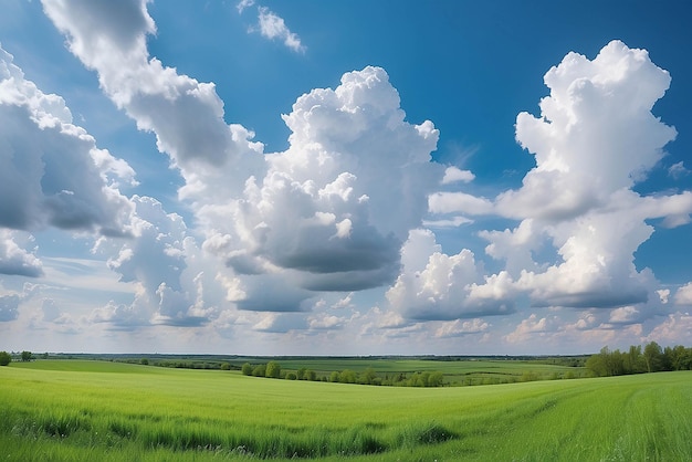 Paysage panoramique de printemps Ciel avec des nuages moelleux sur un champ vert