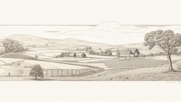 Paysage panoramique rural avec une ferme dans la splendeur de la lumière du jour