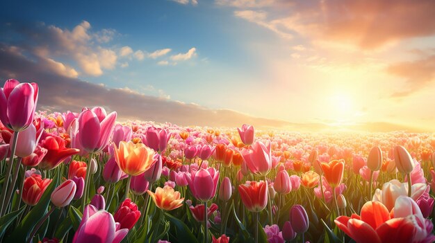 Le paysage panoramique des tulipes en fleurs