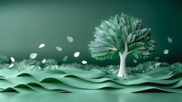 Paysage en papier avec un arbre vert fait d'art en papier