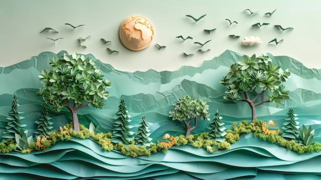 Photo paysage en papier avec des arbres des montagnes et du soleil fait de papier papier art