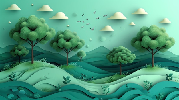 Photo paysage de papier vert serein avec des arbres, des collines et des nuages dans un design d'artisanat créatif