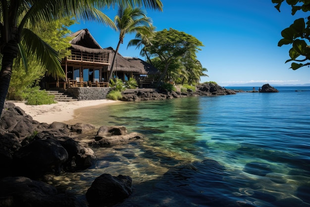 Paysage paradisiaque à Viti Levu Fidji avec resort Shangrila Fidjien au bord de la mer IA générative