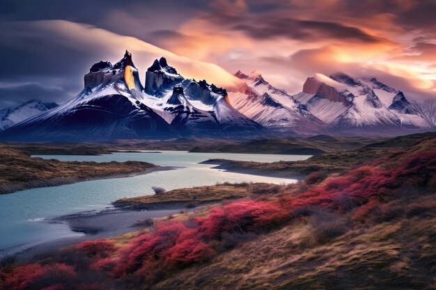 Photo paysage de la patagonie de la montagne des andes à torres del paine au chili