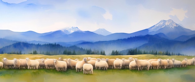 Paysage de pâturage d'automne de montagne aquarelle avec des moutons Panorama Generative AI