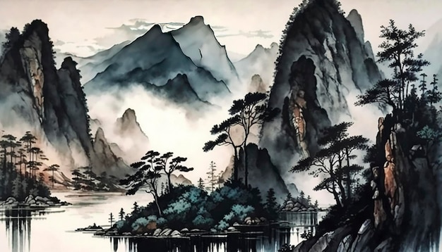 Paysage et paysages naturels dans l'image générée par la technologie AI de style aquarelle