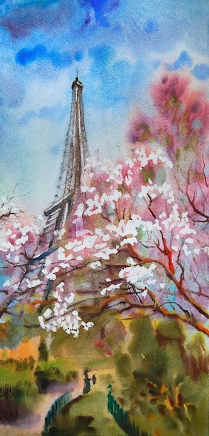 Paysage de peinture à l'aquarelle avec arbre de printemps en fleurs à Paris