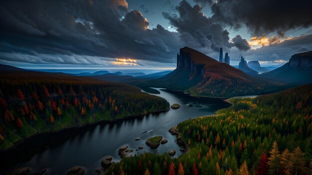 Paysage peinture montagne ciel nuages magique mystique lac rivière ai généré pour les affiches créatives campagnes publicitaires modèles de flyers