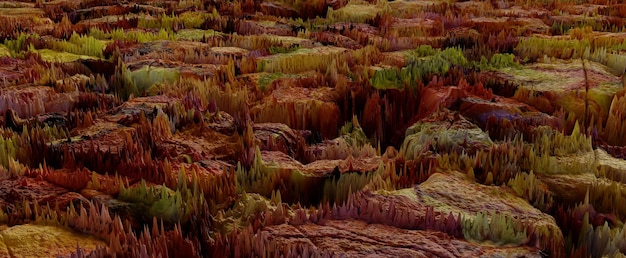 Paysage de pierre futuriste coloré Surface de grès rouge avec des excroissances vertes et jaunes de rendu 3d