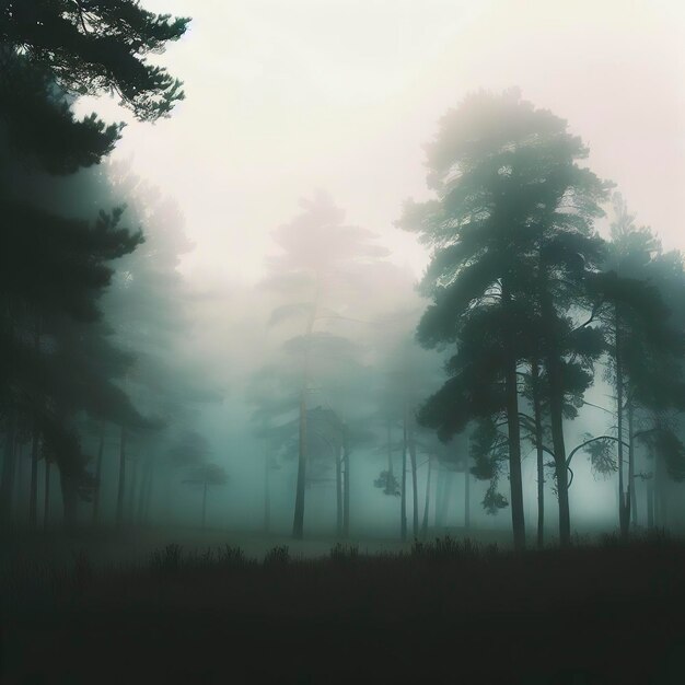 Paysage de pins avec du brouillard