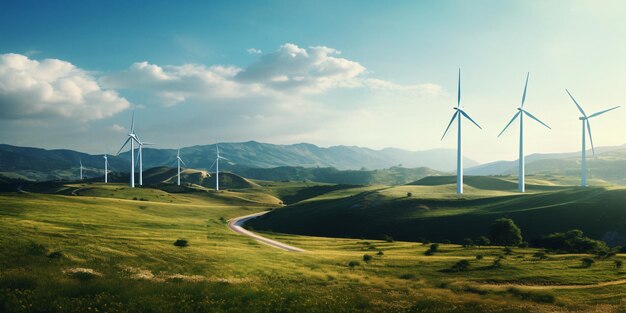 Paysage pittoresque avec de nombreuses éoliennes sur des collines lointaines Image de stock facilement détectable avec G...