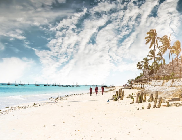 Paysage pittoresque avec plage de l'océan et village africain et palmiers