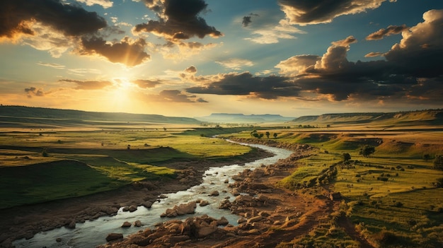 Un paysage pittoresque sous un vaste ciel au coucher du soleil