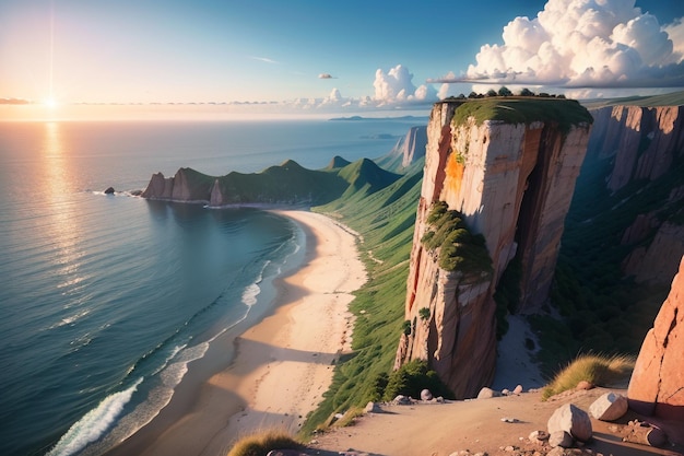 Un paysage d'une plage avec une falaise et le soleil couchant