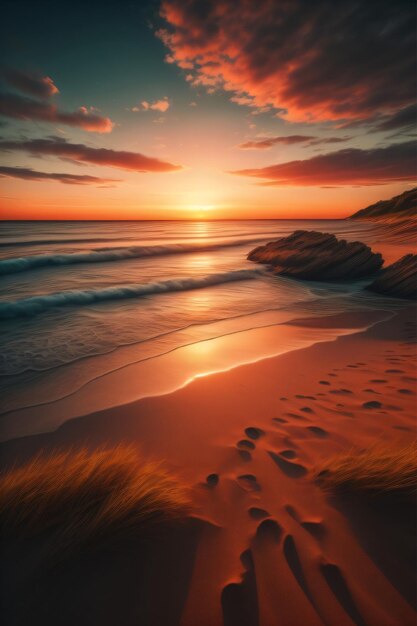 Paysage de plage avec IA générative avec vue sur le coucher du soleil