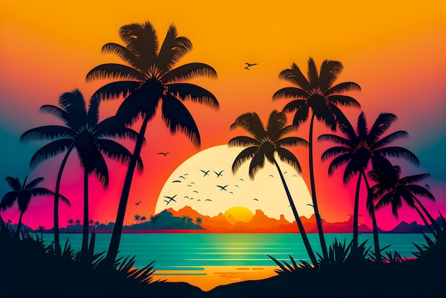 Paysage de plage avec illustration rétro du lever du soleil