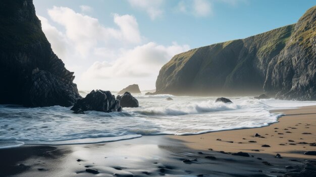 Un paysage de plage isolé avec des falaises escarpées et des vagues violentes