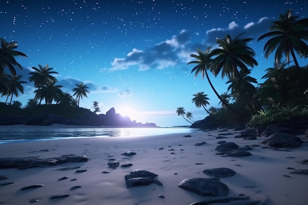 Paysage de plage de minuit de rendu 3D