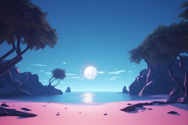 Paysage de plage de minuit de rendu 3D