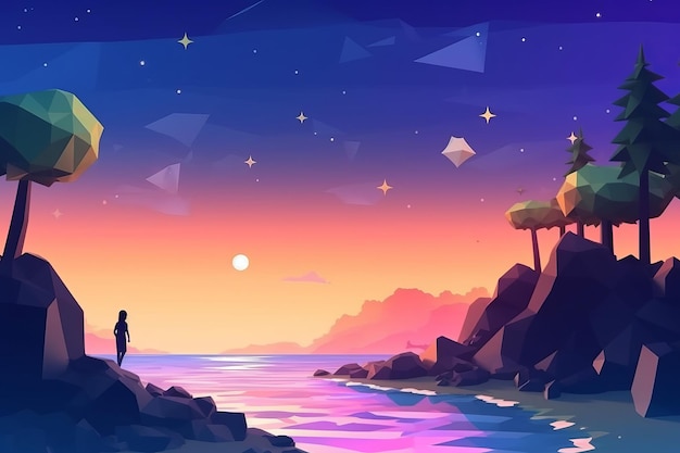 Paysage de plage de nuit d'été LowPoly