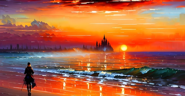 Paysage Plage Océan Coucher de soleil Illustration de livre pour enfants IA générative Fantasy Art numérique