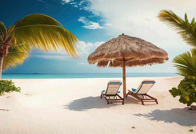 Paysage de la plage avec des parapluies et des chaises solaires pour prendre le soleil AI générative