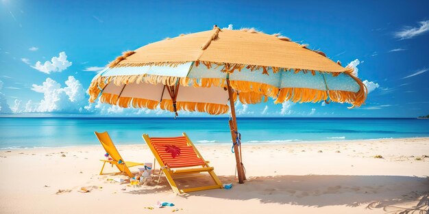Paysage de plage Plage de sable blanc avec transat et parasol