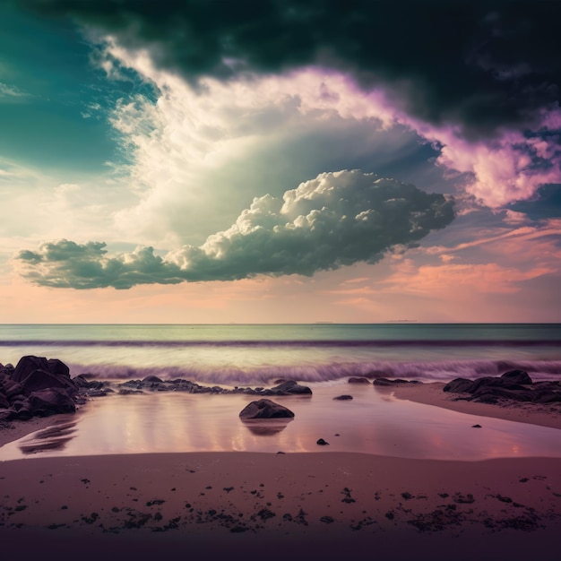 Paysage de plage avec des rochers sur la mer et le ciel bleu créé à l'aide de la technologie générative ai