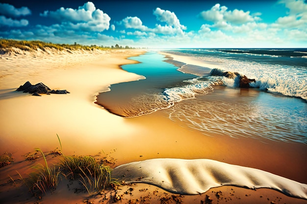Photo un paysage de plage de sable tranquille avec de douces vagues clapotant sur le rivage