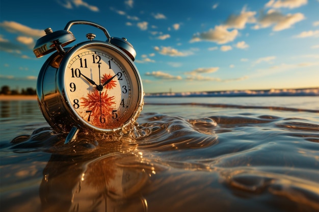 Le paysage de plage avec superposition d'horloge pixélisée signifie la gestion du temps dans un environnement de bord de mer serein