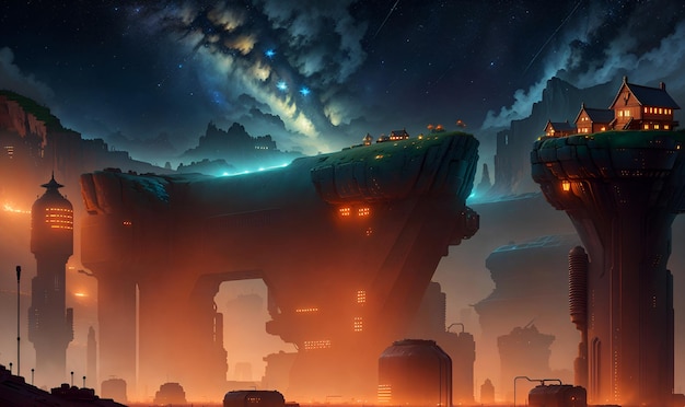 Paysage de planète extraterrestre avec des structures de haute technologie art numérique jeu magique fond d'art mural IA générative