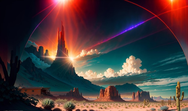 Paysage de planète extraterrestre avec des structures de haute technologie art numérique jeu magique fond d'art mural IA générative