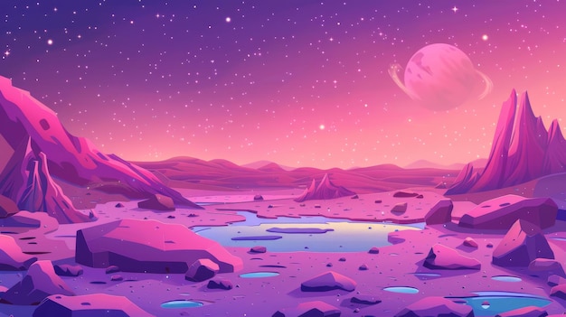 Paysage d'une planète extraterrestre avec une surface rocheuse et un lac Illustration de dessin animé moderne de fond spatial rose et violet avec des étoiles scintillantes dans le ciel nocturne et des flaques d'eau et des pierres en martien