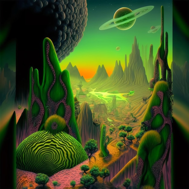 Le paysage d'une planète extraterrestre verte est un concept d'art psychédélique.