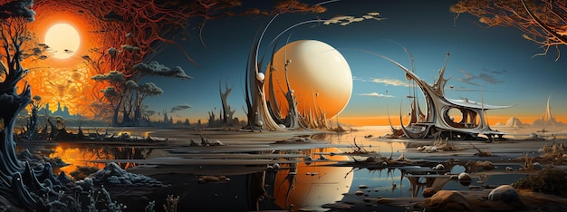 un paysage d'une planète avec une grosse boule ronde dans le ciel