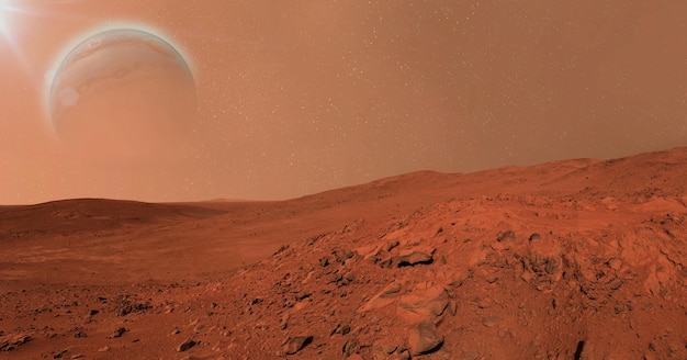 Paysage sur la planète Mars, scène désertique pittoresque sur la planète rouge. Illustration 3d. Planète rouge. Atmosphère de poussière de surface martienne. Planète semblable à la Terre. Planète de type terrestre. Éléments de cette image fournis par la NASA.