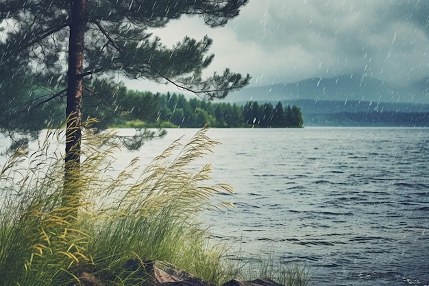 Paysage pluvieux d'été avec une jetée en bois sur le lac