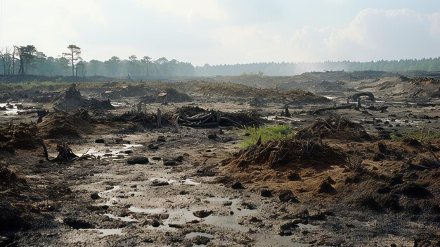 Paysage pollué avec végétation endommagée