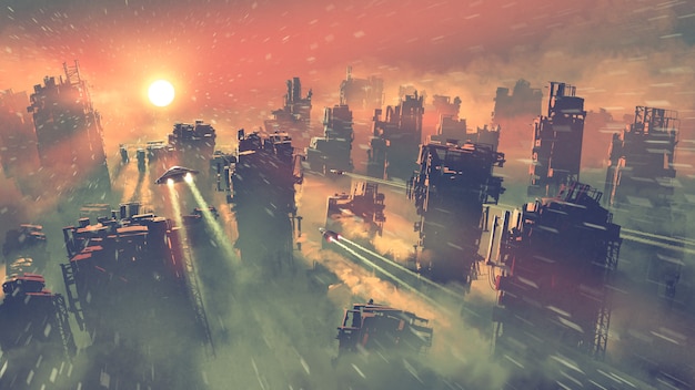 paysage post-apocalypse montrant des vaisseaux spatiaux volant au-dessus de gratte-ciel abandonnés, style art numérique, peinture d'illustration