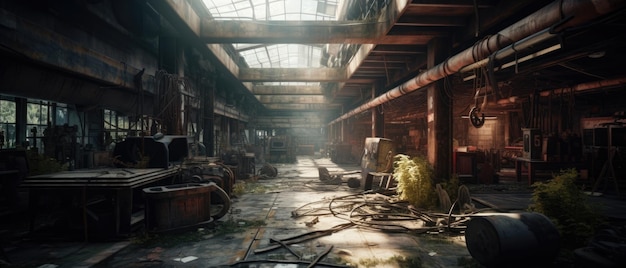 Paysage post-apocalypse d'usine panorama abandonné destruction d'art ultra-large ville vide lumière du jour