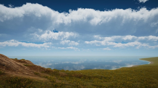 Paysage pour illustrer les objectifs de développement durable et la protection de l'écosystème Environnement naturel d'une île verte sans arbres rendu 3D